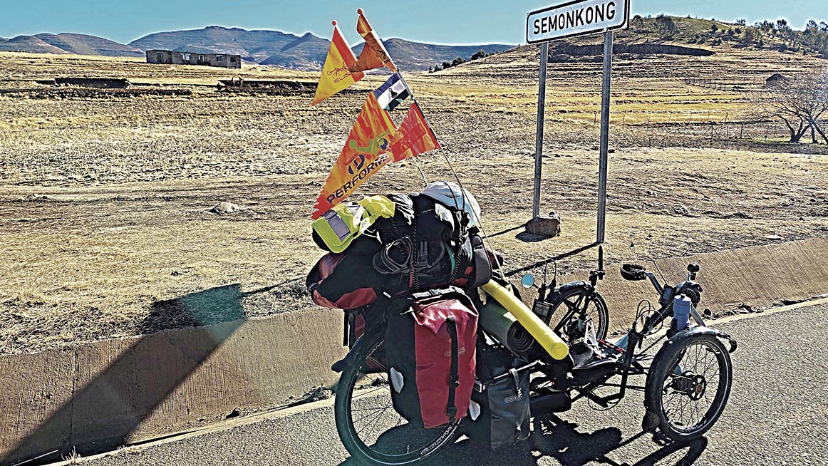 Yves’s electric recumbent trike (e-trike) parked during his tour. (Courtesy Pics)